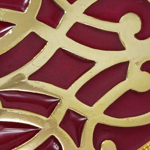 Vntg Celtic Brooch 3" RED Coat Pin Oval Metal Enamel Milgrain Accent Gold Estate - Picture 6 of 16